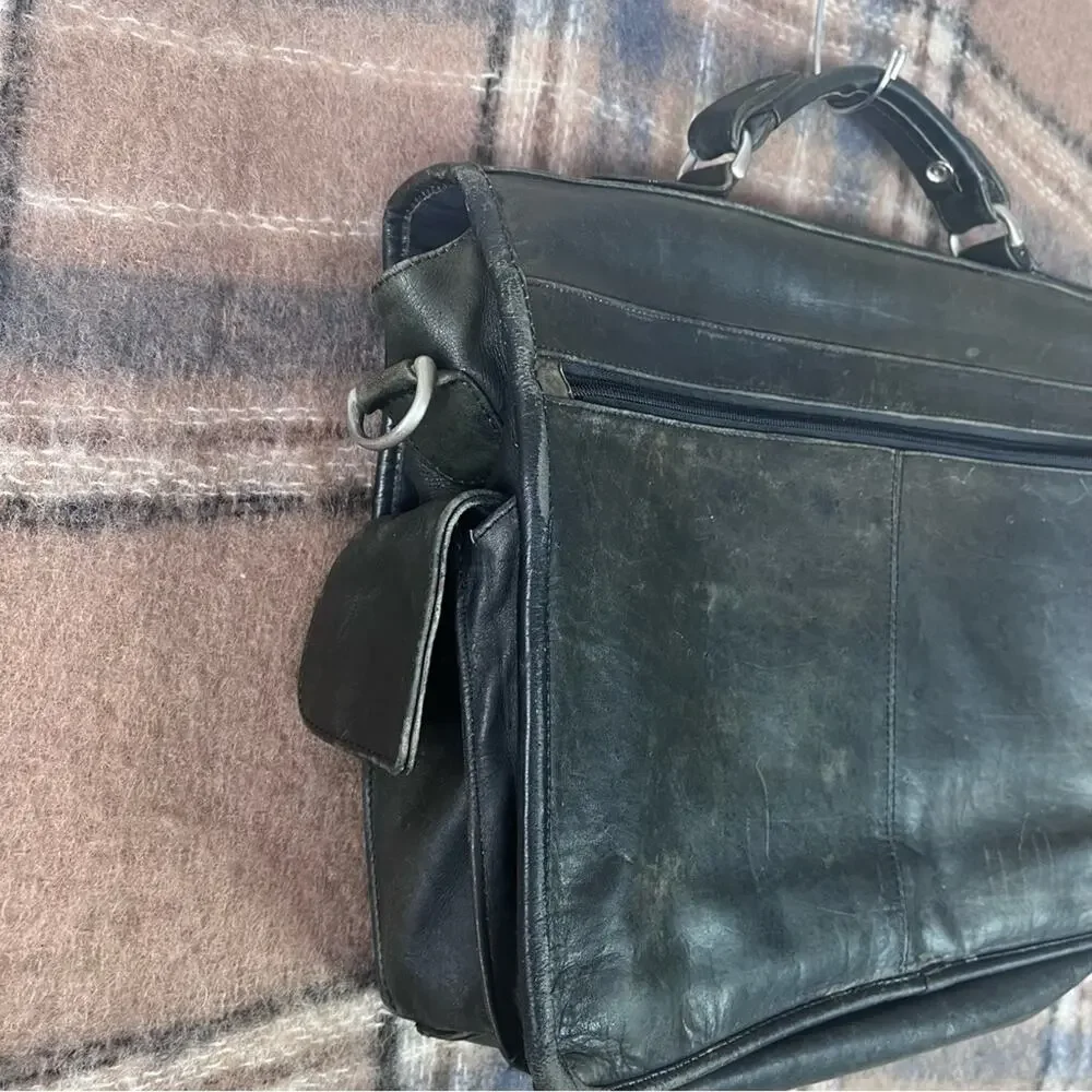 Vintage Genuine Leather Briefcase Black Multi-Pockets Distressed
